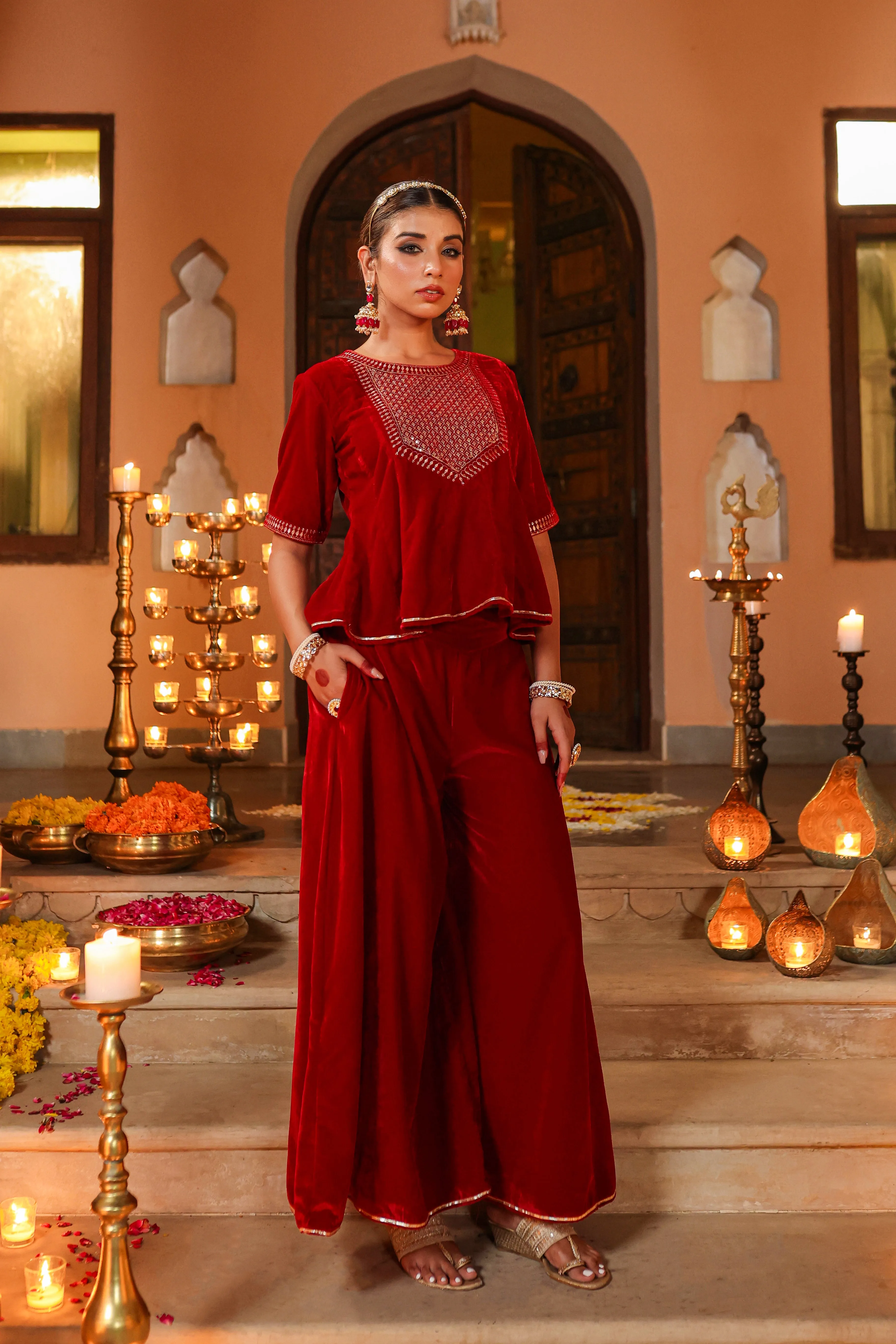 Women Maroon Velvet Embroidered Clothing Set