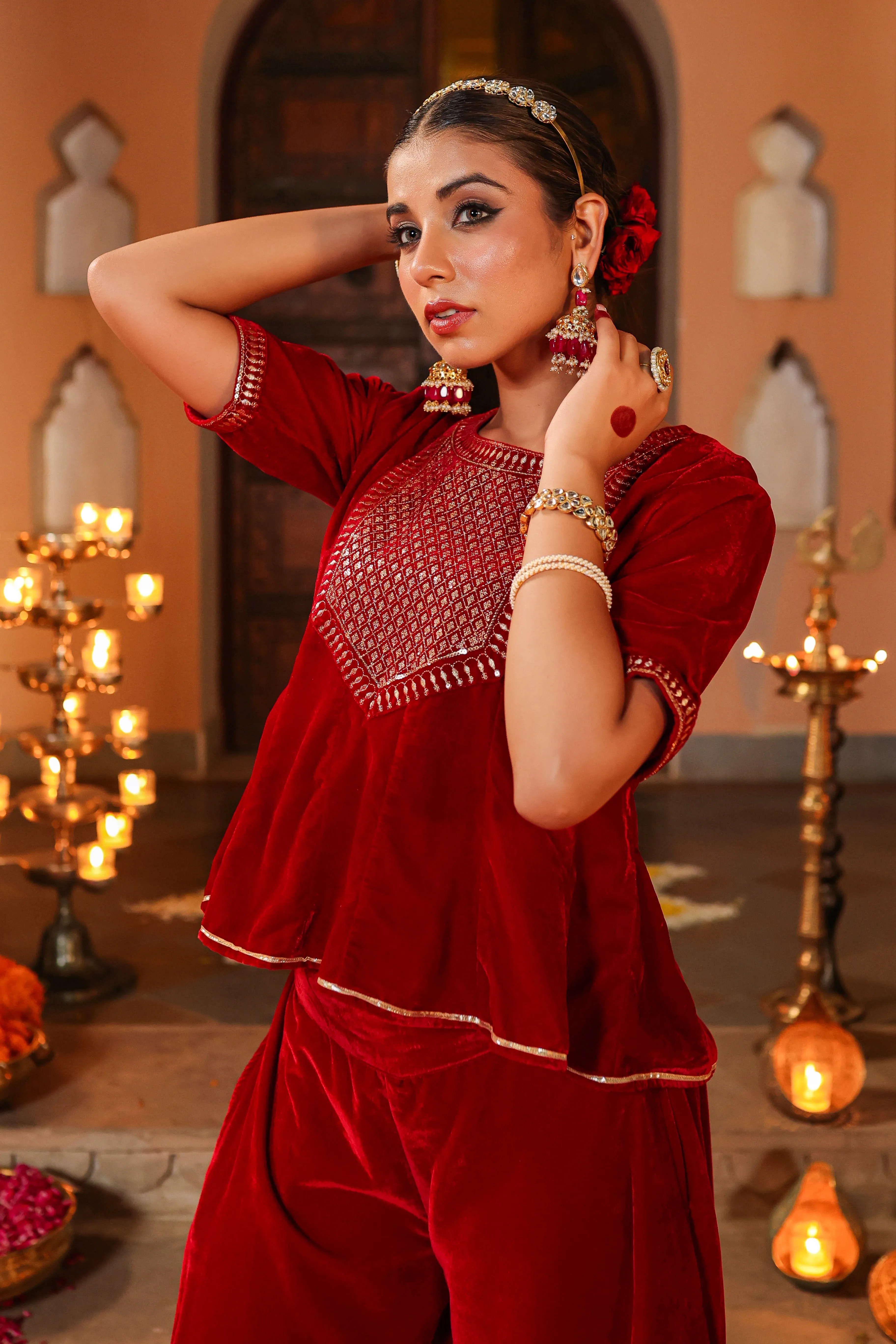 Women Maroon Velvet Embroidered Clothing Set