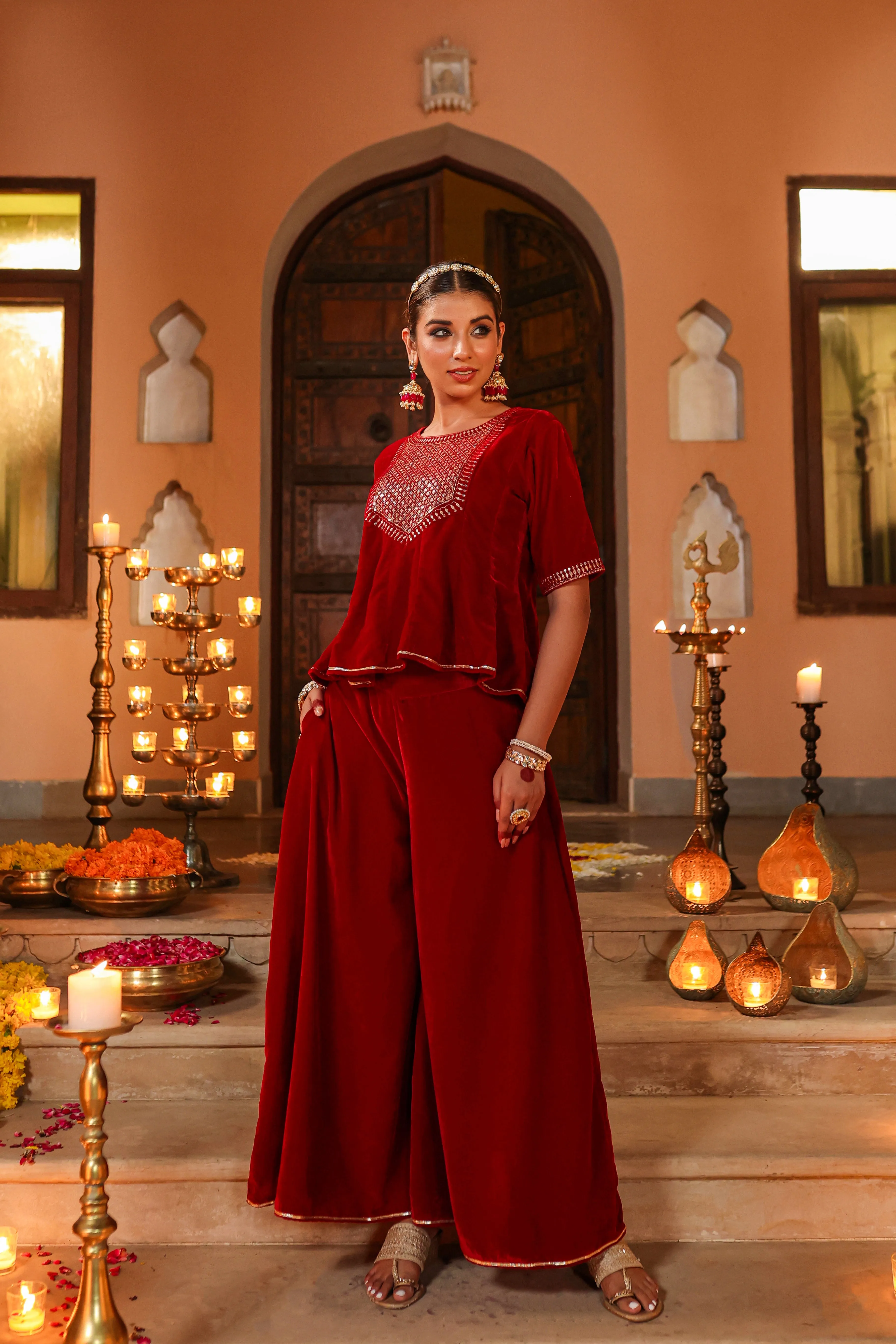 Women Maroon Velvet Embroidered Clothing Set