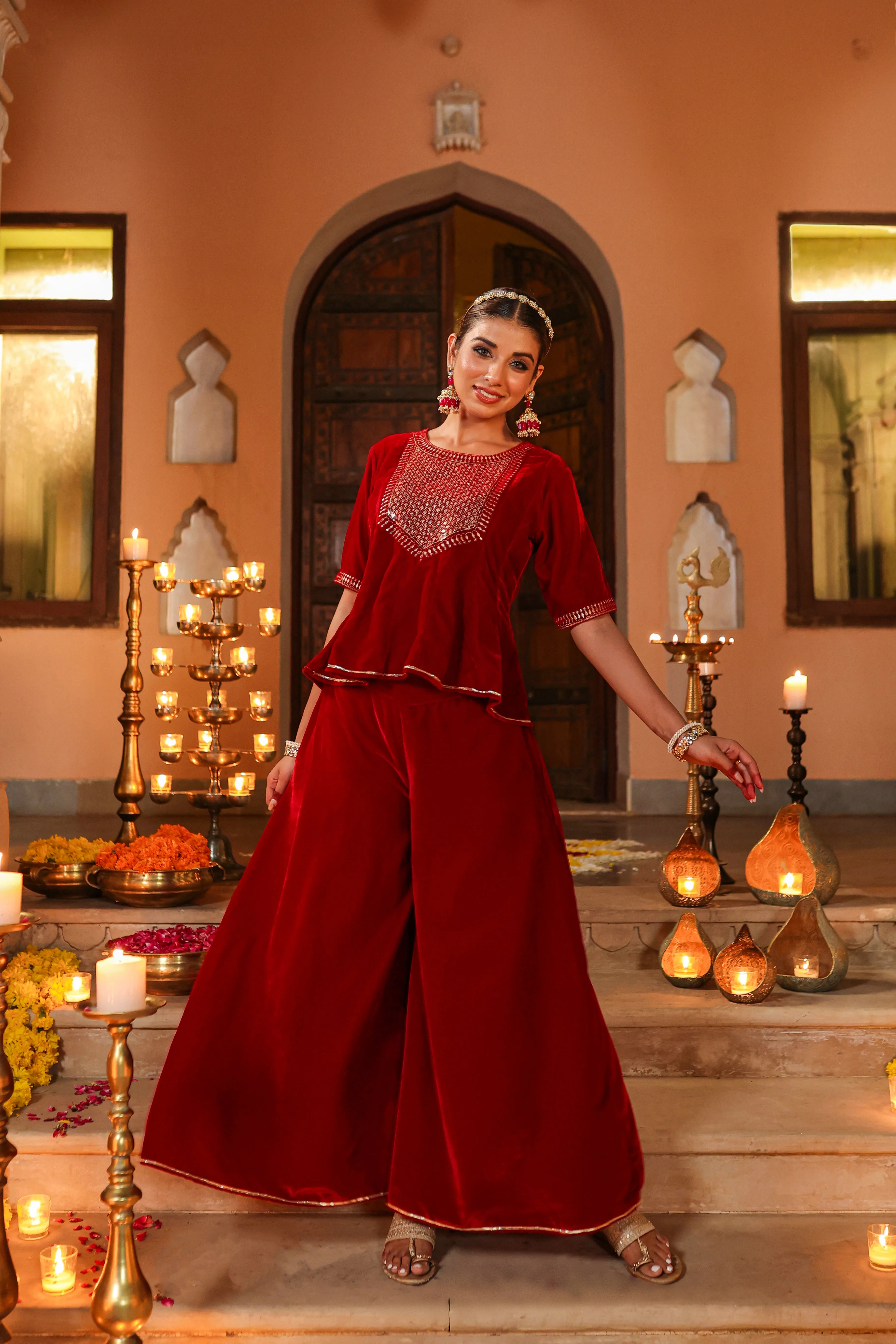 Women Maroon Velvet Embroidered Clothing Set