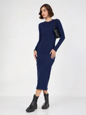 Women Navy Blue Rib Bodycon Full Sleeves Midi Dress