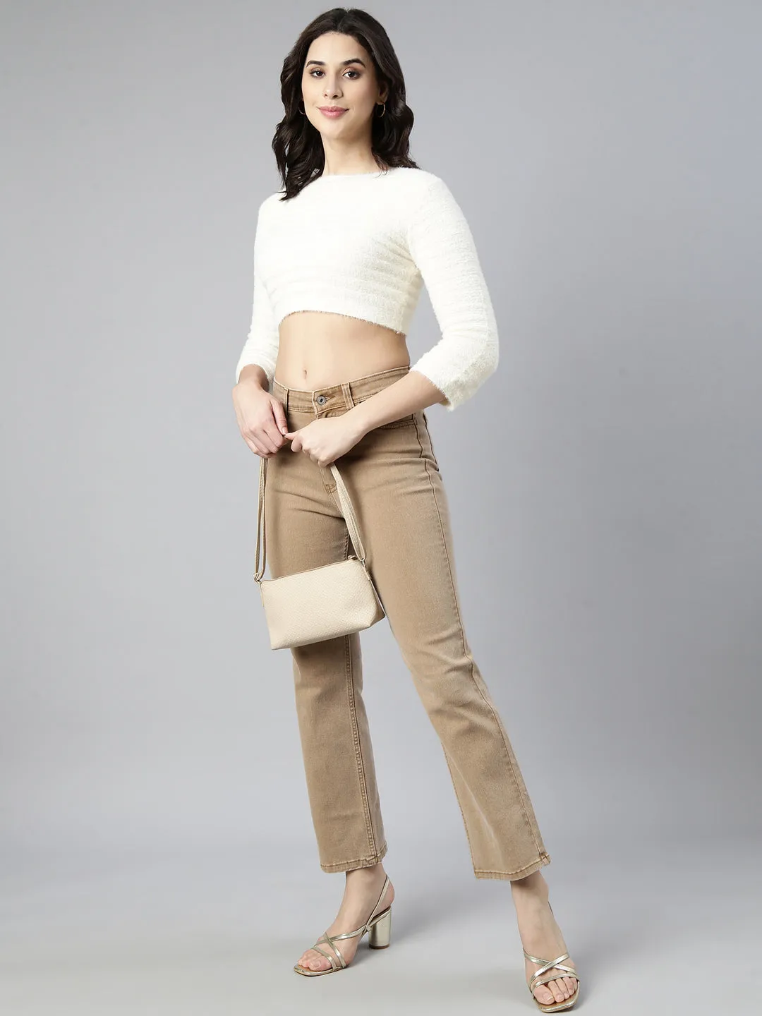 Women Solid Cream Crop Top