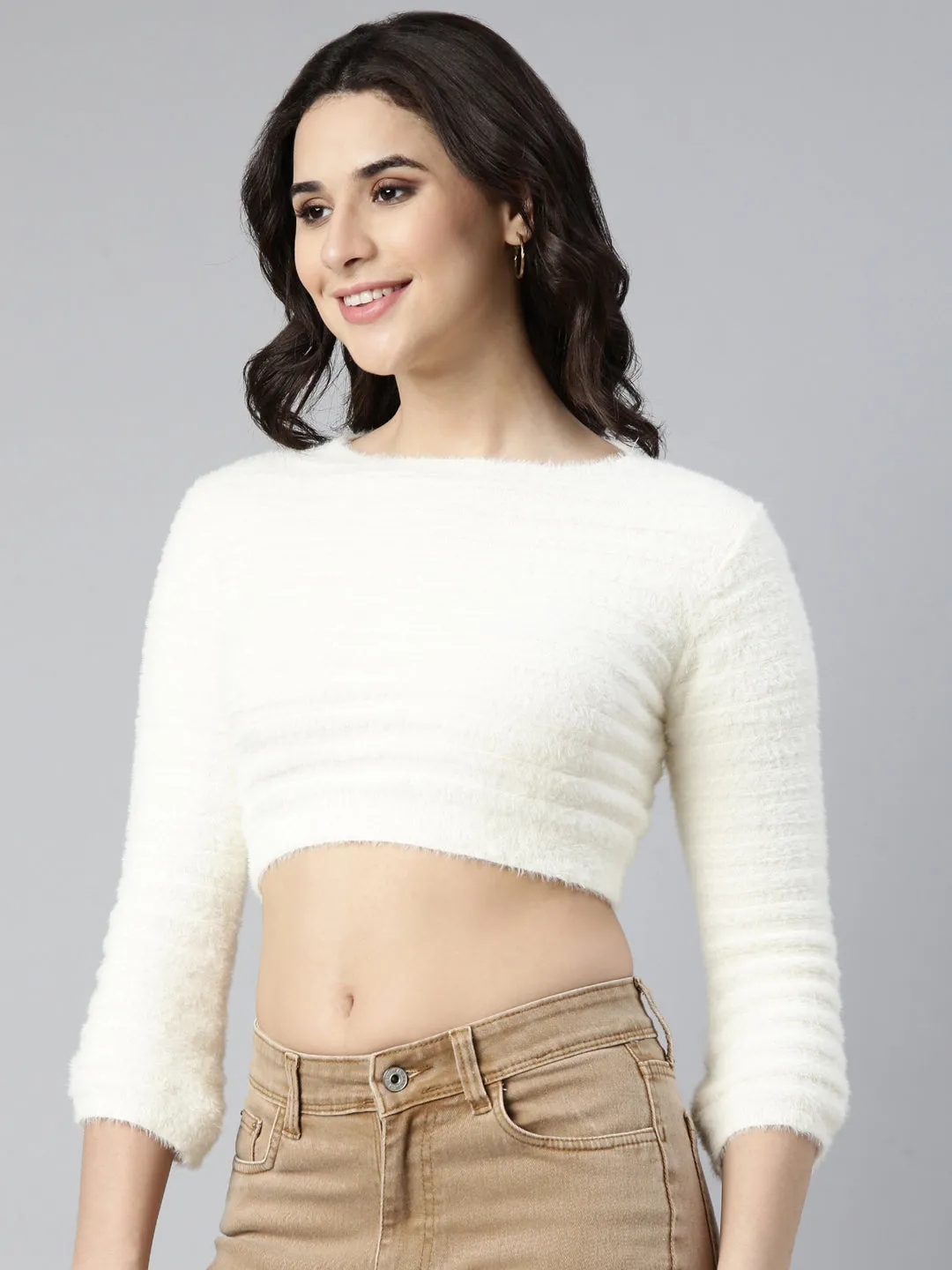 Women Solid Cream Crop Top