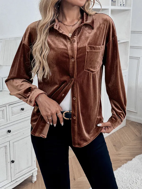 Women Velvet Couture Button-Up Shirt with Long Sleeves