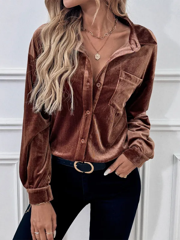 Women Velvet Couture Button-Up Shirt with Long Sleeves