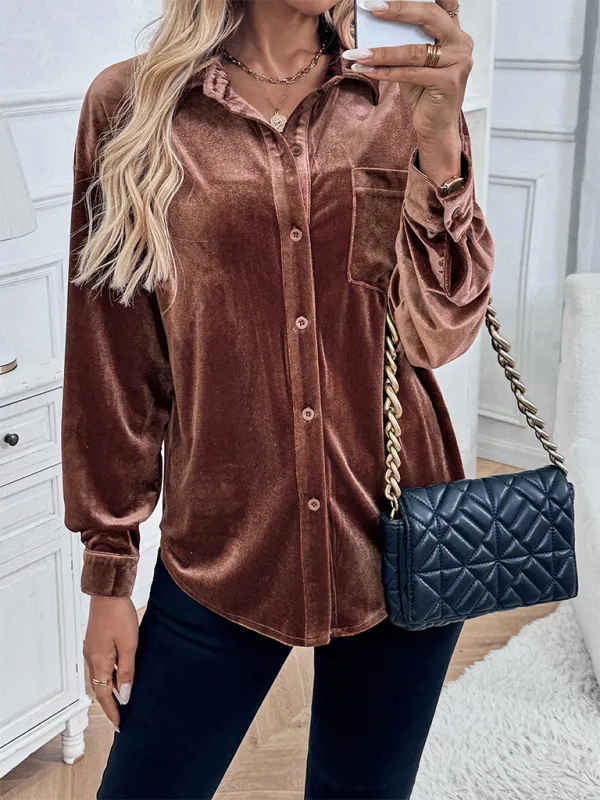 Women Velvet Couture Button-Up Shirt with Long Sleeves