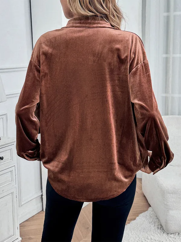 Women Velvet Couture Button-Up Shirt with Long Sleeves