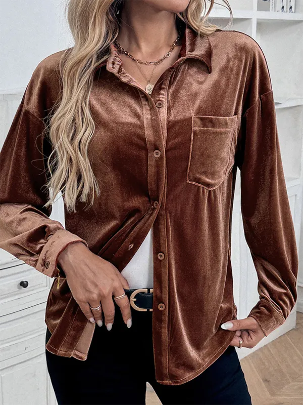 Women Velvet Couture Button-Up Shirt with Long Sleeves