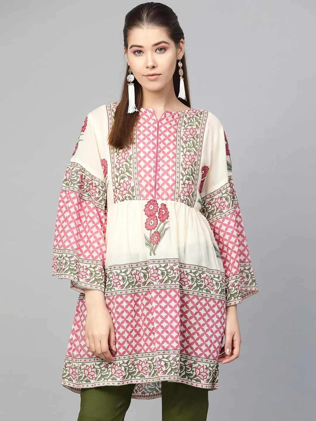 Women'S Beige & Pink Printed Tunic