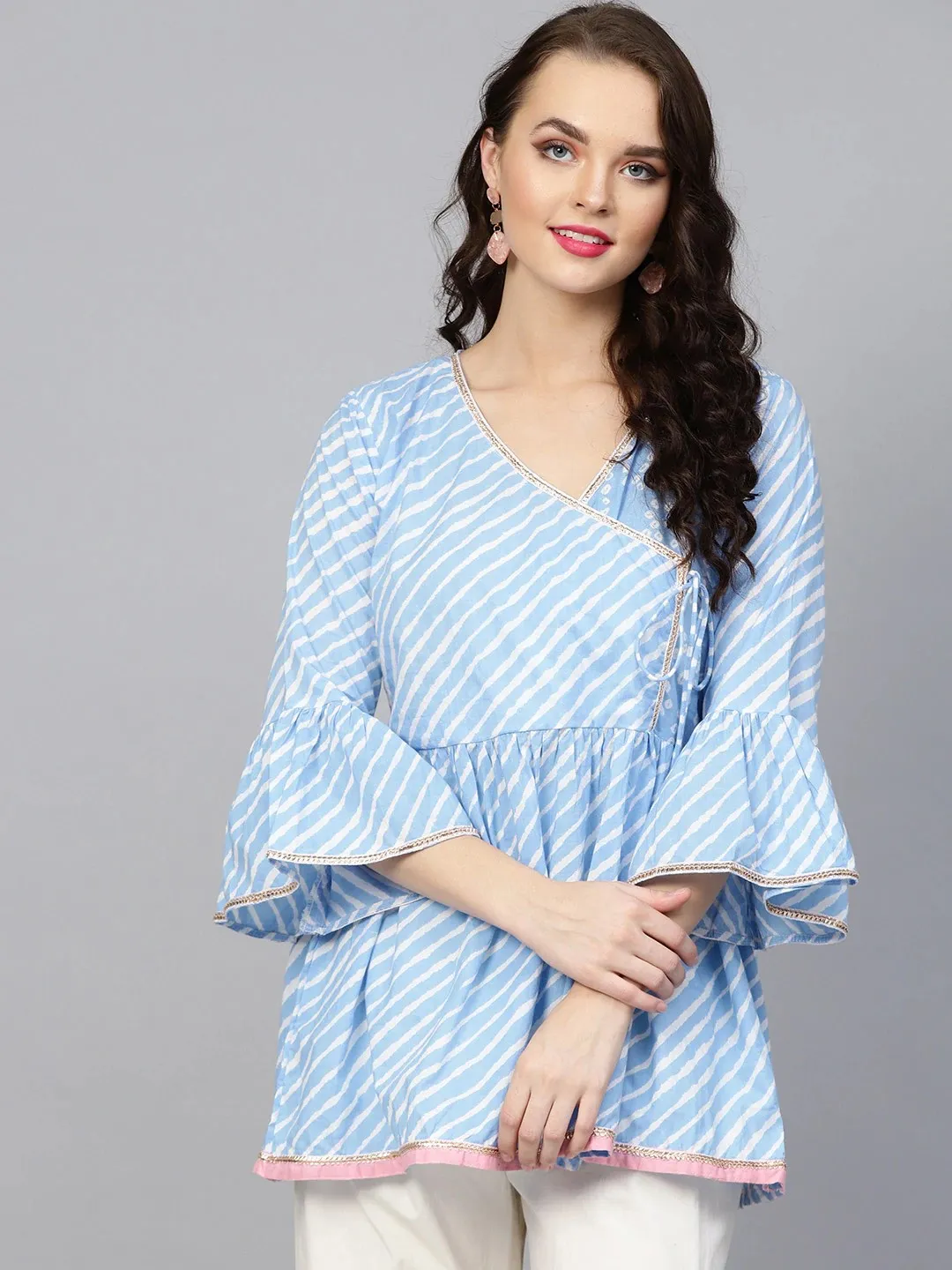 Women'S Blue & White Leheriya Printed Angrakha Tunic