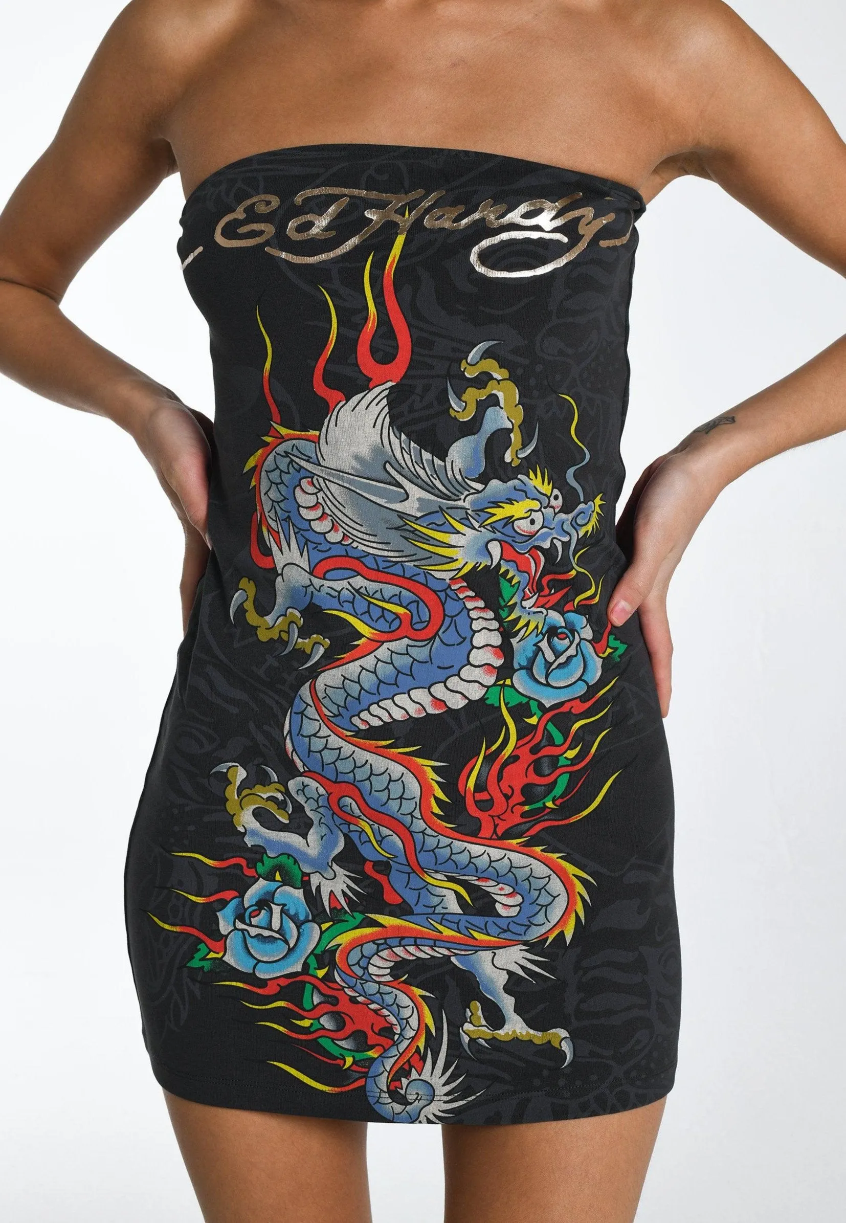 Womens Crawling-Dragon Bandeu Dress - Charcoal