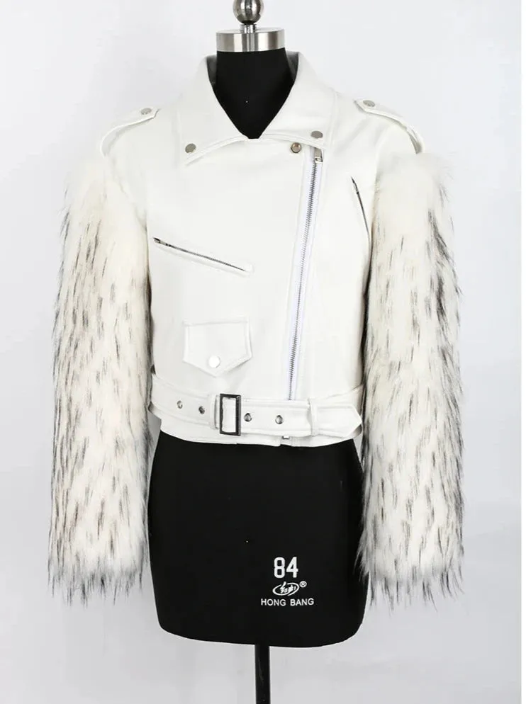 Women's Cropped Motorcycle Faux Leather & Faux Fur Jacket