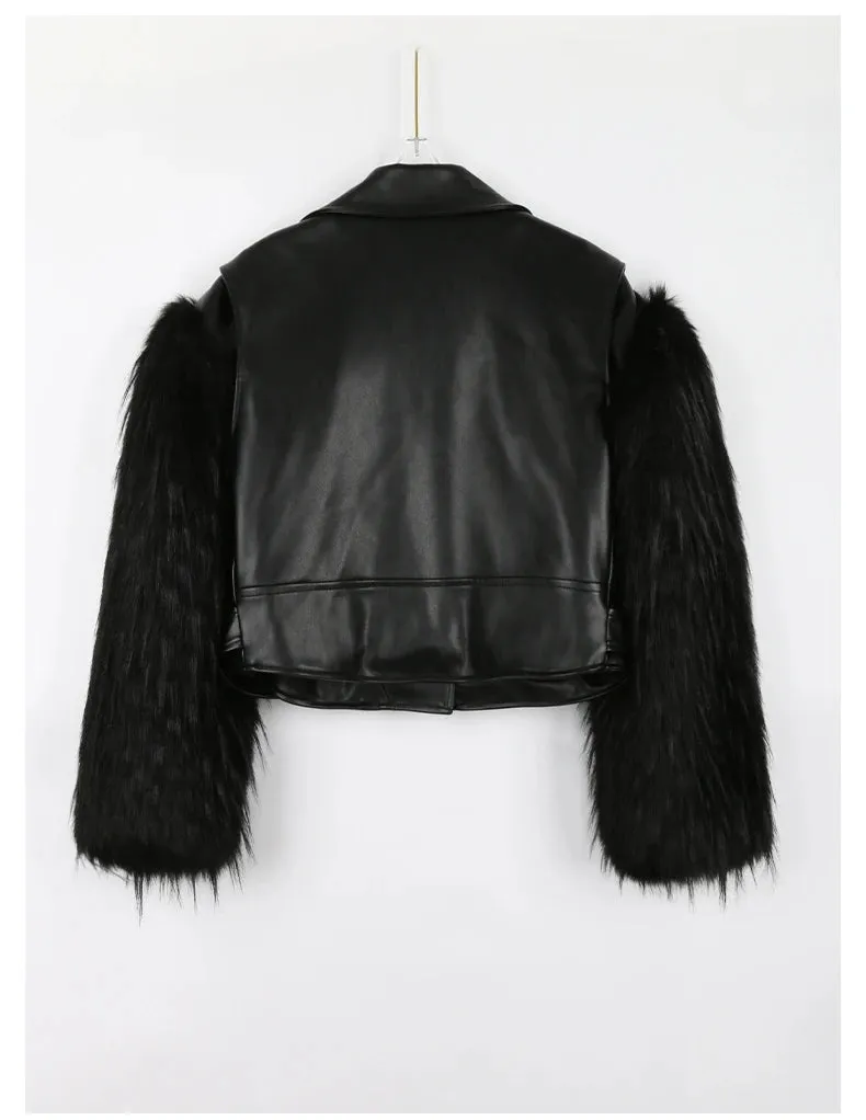 Women's Cropped Motorcycle Faux Leather & Faux Fur Jacket