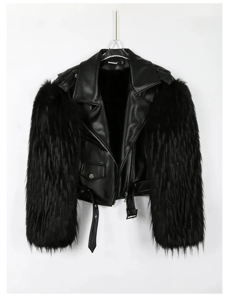 Women's Cropped Motorcycle Faux Leather & Faux Fur Jacket