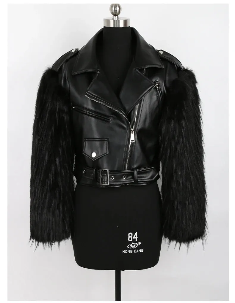 Women's Cropped Motorcycle Faux Leather & Faux Fur Jacket