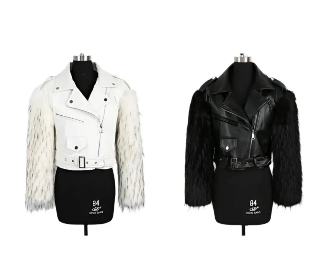 Women's Cropped Motorcycle Faux Leather & Faux Fur Jacket