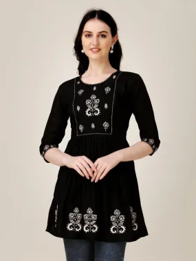 Womens Embroidered A-Line Black Tunic