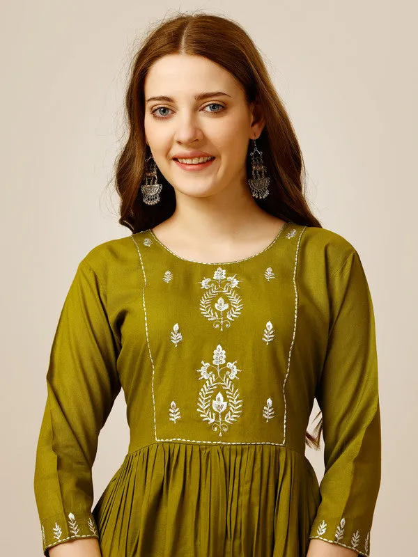 Womens Embroidered A-Line Green Tunic