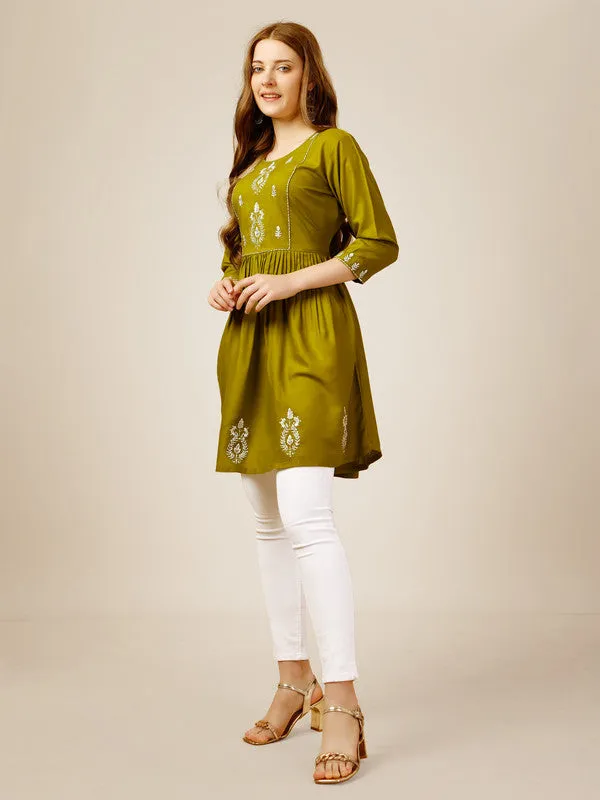 Womens Embroidered A-Line Green Tunic