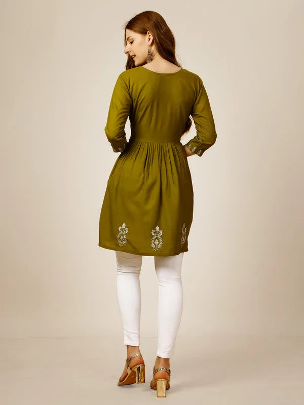 Womens Embroidered A-Line Green Tunic