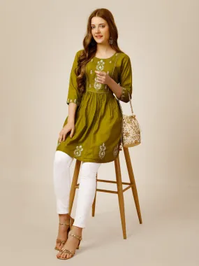 Womens Embroidered A-Line Green Tunic