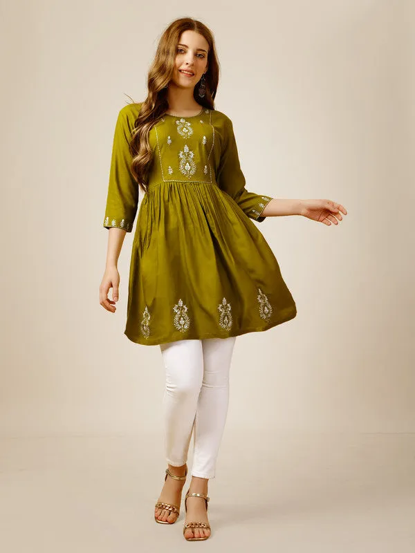 Womens Embroidered A-Line Green Tunic