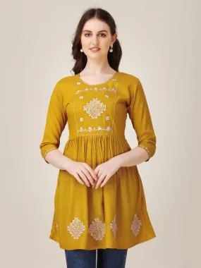 Womens Embroidered A-Line Mustard Tunic