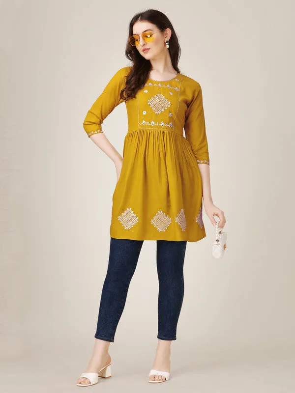 Womens Embroidered A-Line Mustard Tunic