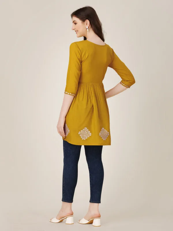 Womens Embroidered A-Line Mustard Tunic