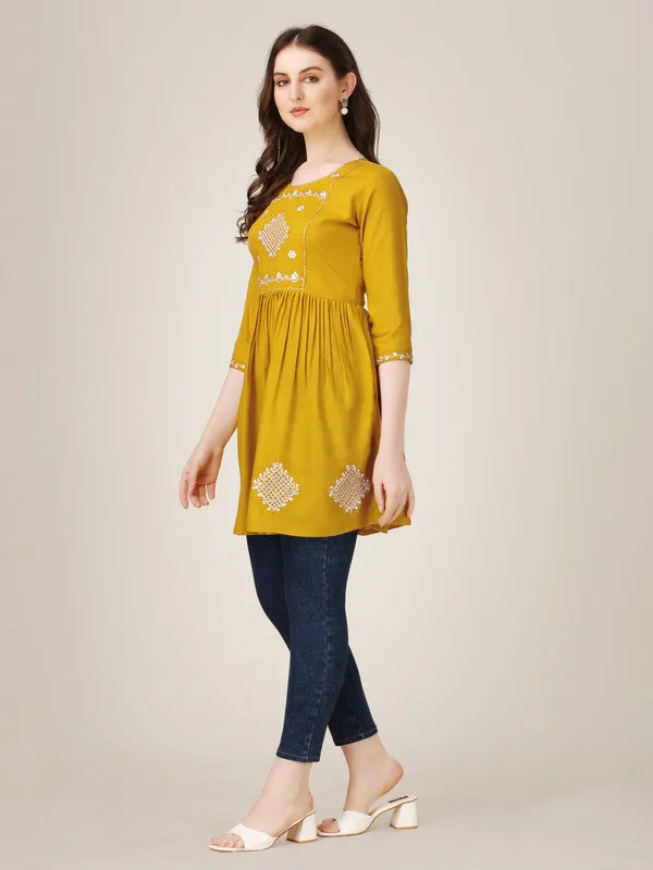 Womens Embroidered A-Line Mustard Tunic