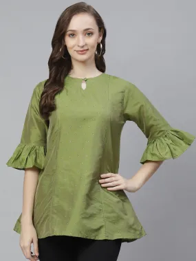 Women'S Green & Golden Self Design Tunic