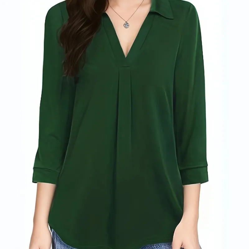 Womens Half Sleeve Plus Size Casual Blouse with Turn Down Collar