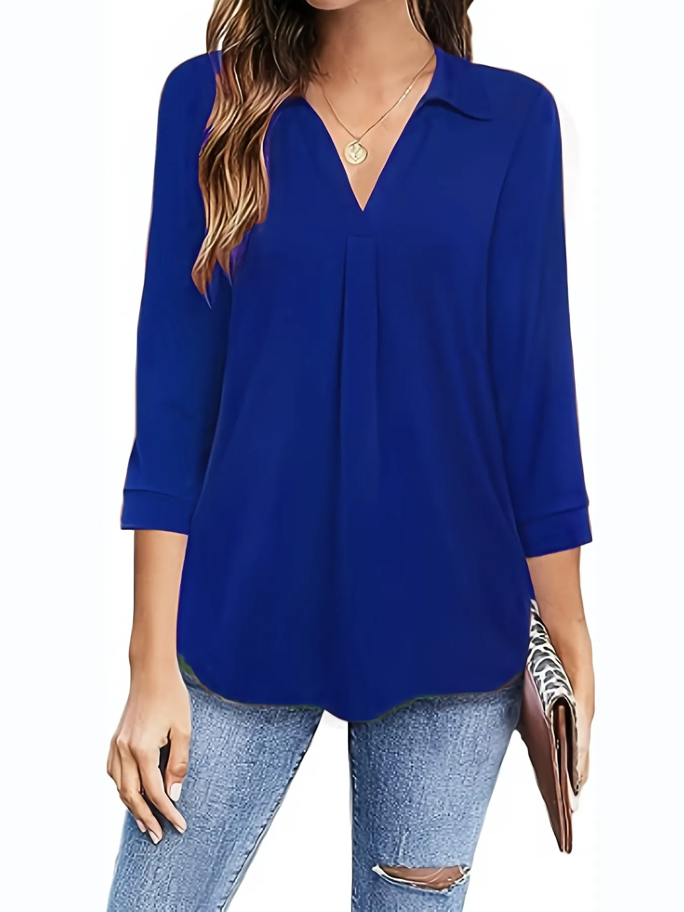 Womens Half Sleeve Plus Size Casual Blouse with Turn Down Collar