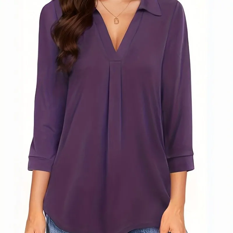 Womens Half Sleeve Plus Size Casual Blouse with Turn Down Collar