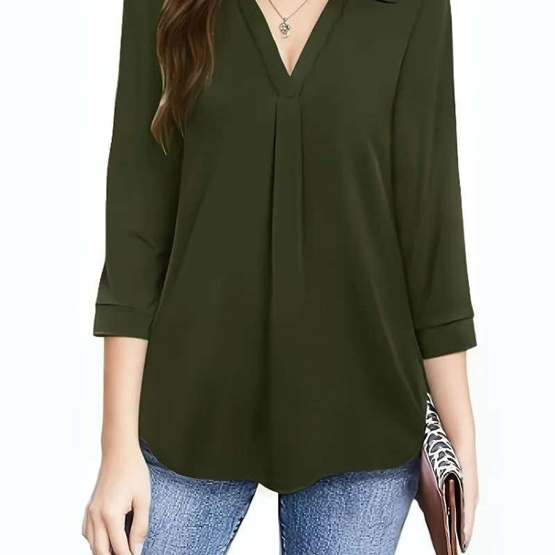 Womens Half Sleeve Plus Size Casual Blouse with Turn Down Collar