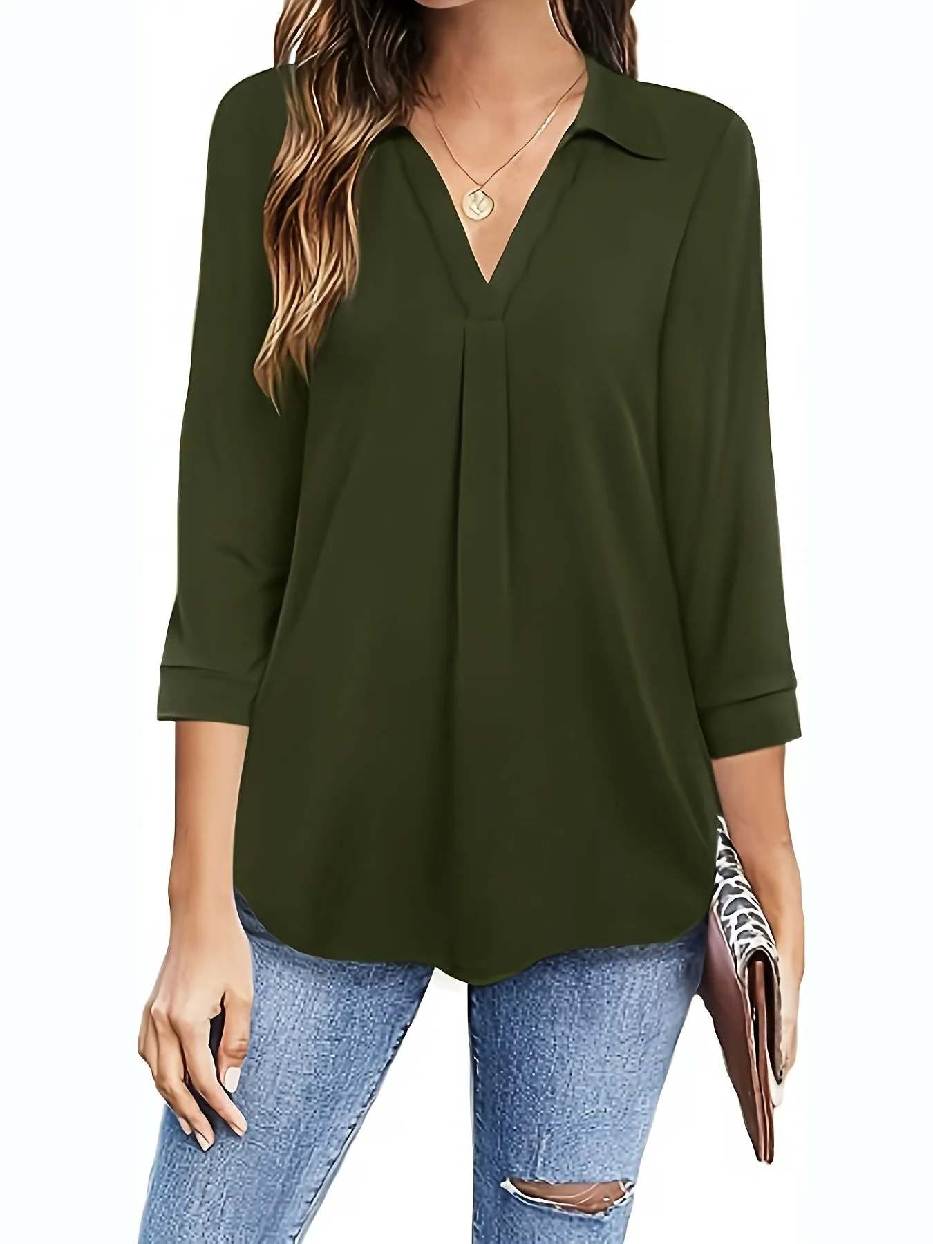 Womens Half Sleeve Plus Size Casual Blouse with Turn Down Collar