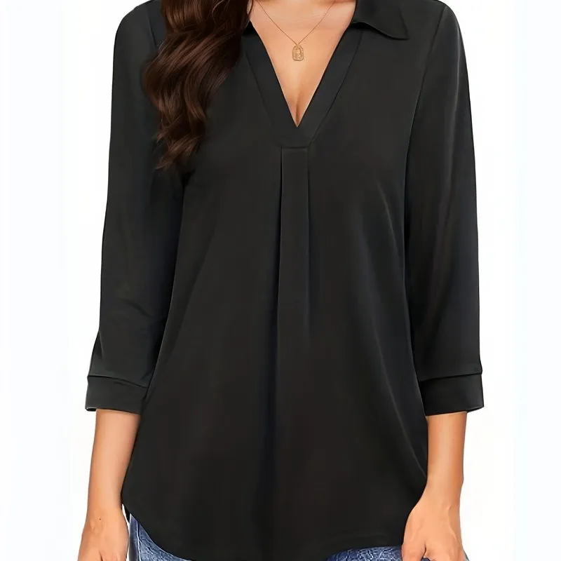 Womens Half Sleeve Plus Size Casual Blouse with Turn Down Collar