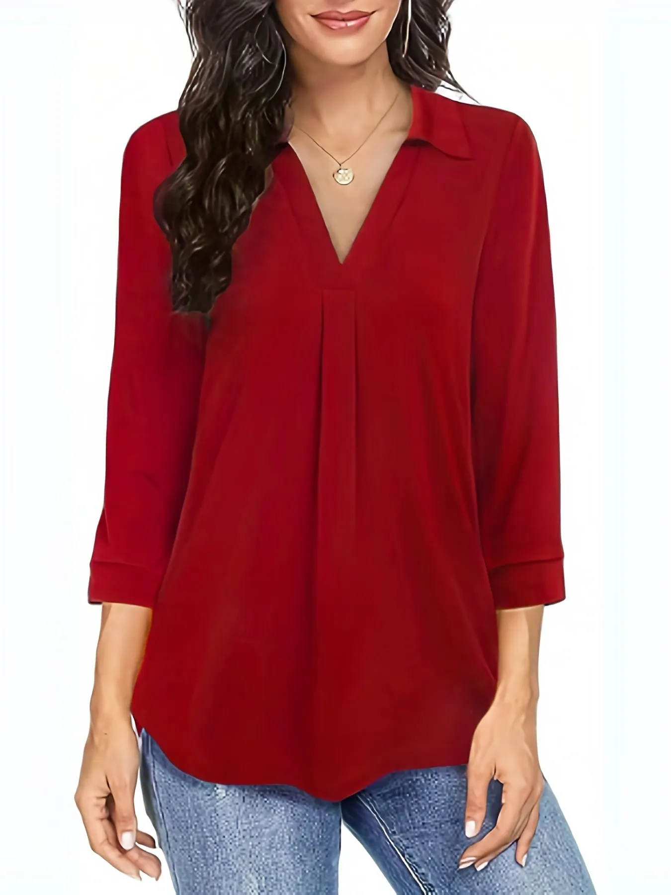 Womens Half Sleeve Plus Size Casual Blouse with Turn Down Collar