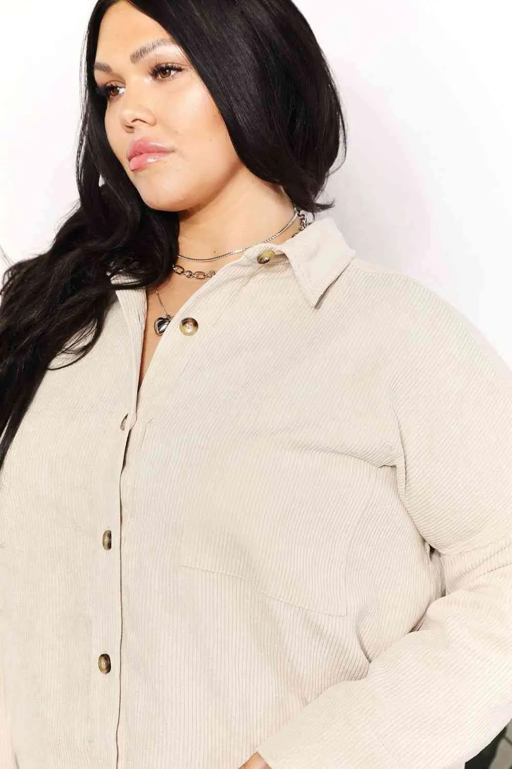 Women's HEYSON Full Size Oversized Corduroy  Button-Down Tunic Shirt with Bust Pocket