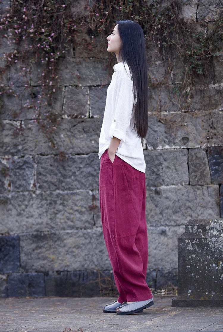 Women's large size loose cusual linen pants for outside J095