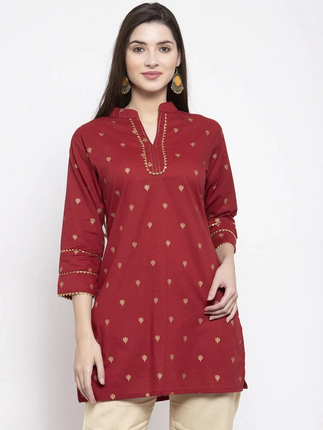 Women'S Maroon & Golden Foil Print Tunic