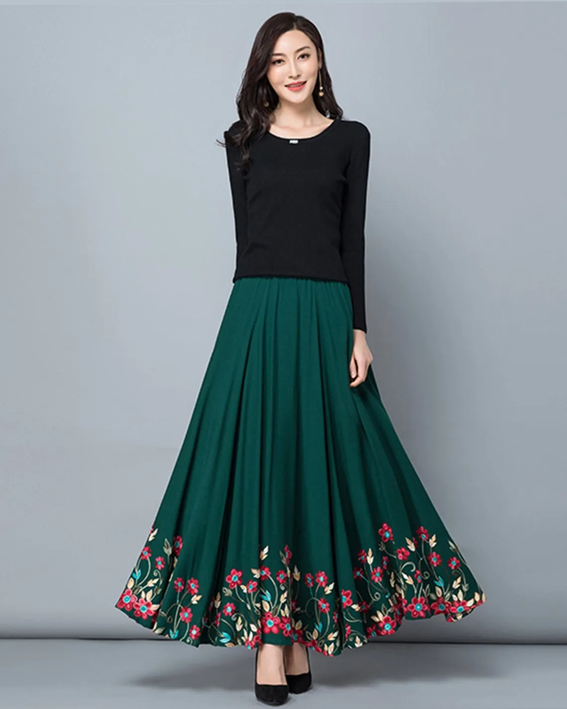 Women's maxi skirt, embroidered skirt, elastic waist skirt, flare skirt, cotton skirt, high waist skirt, long skirt, A-line skirt Q0056