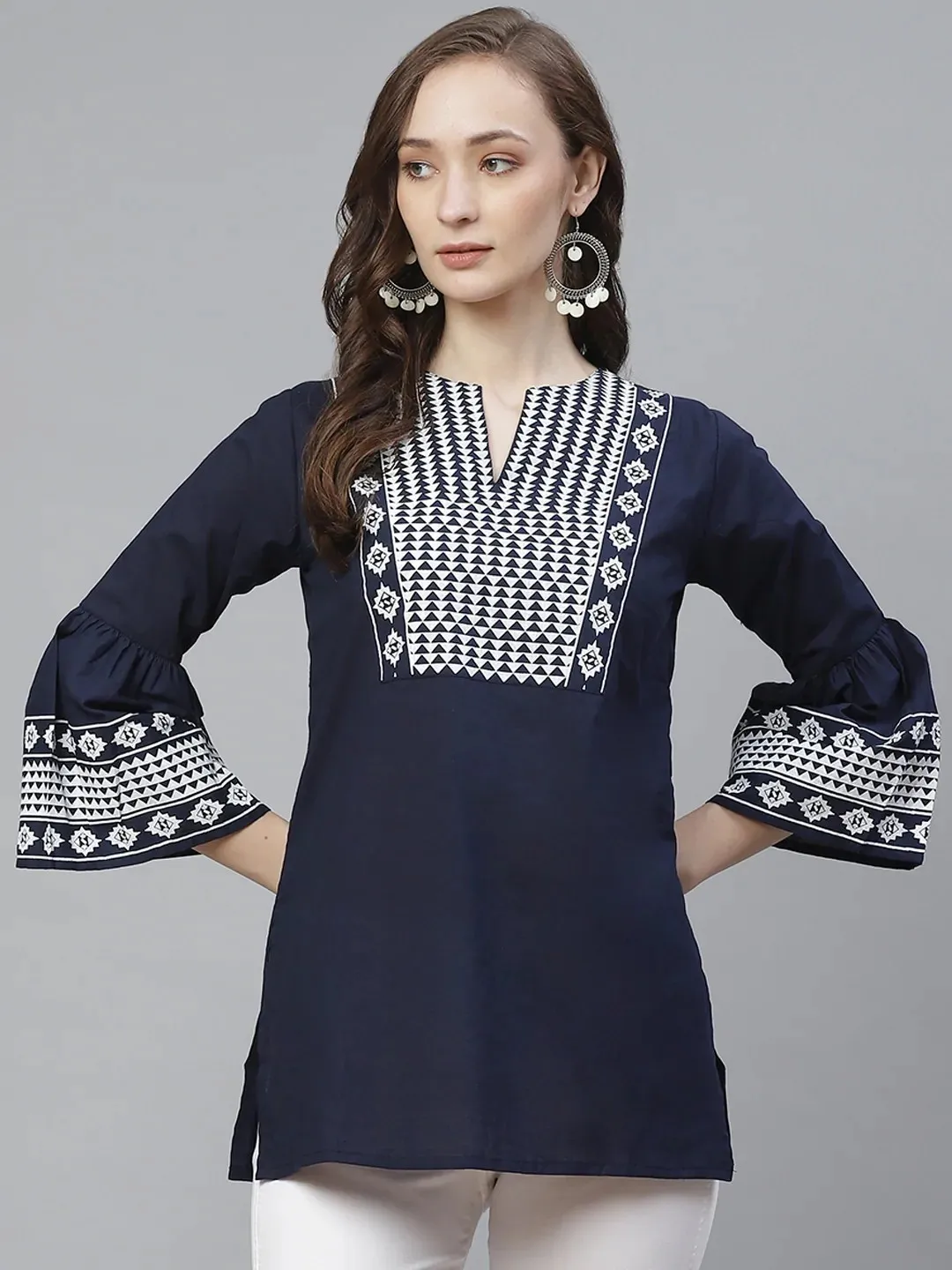 Women'S Navy Blue & White Printed Tunic