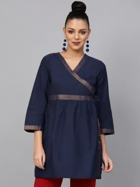 Women'S Navy Blue Solid Angrakha Tunic