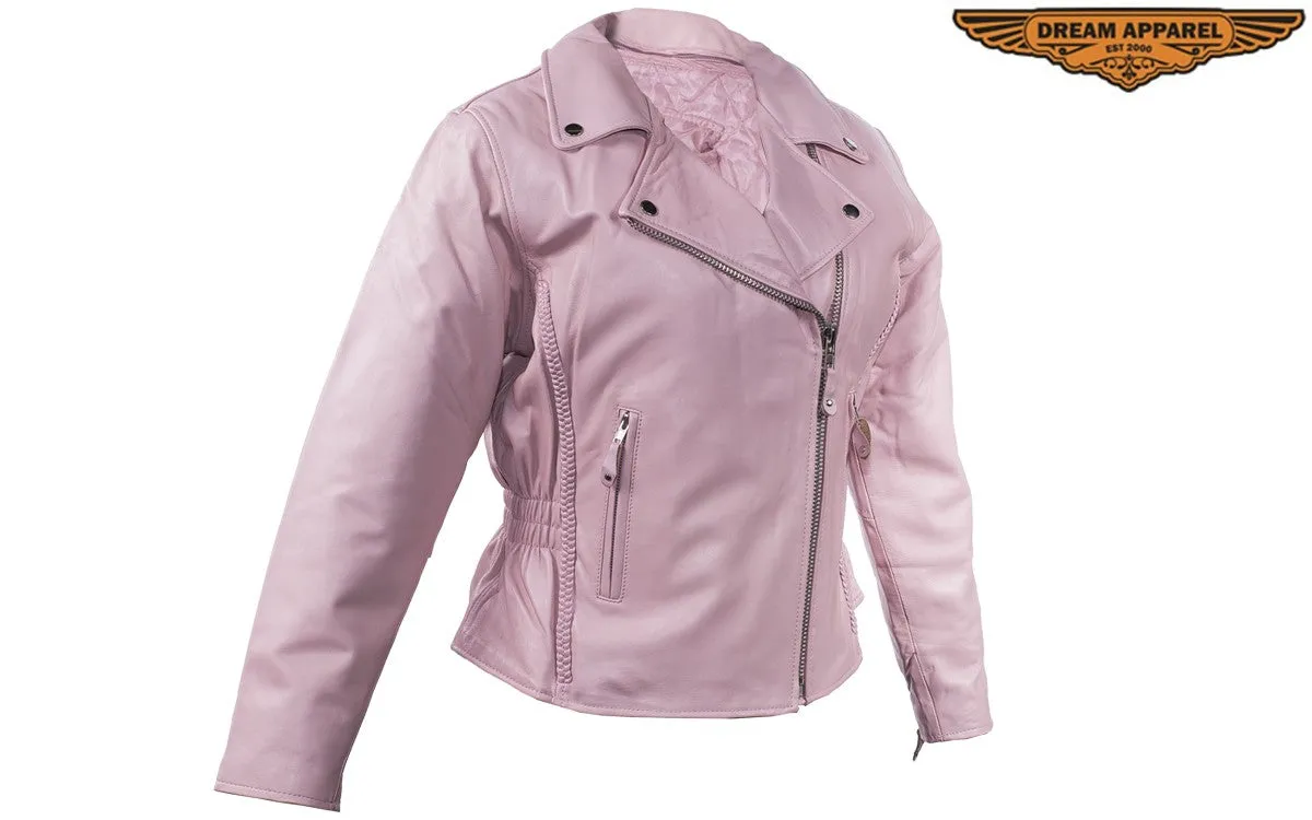 Womens Pink Top Grade Leather Motorcycle Jacket