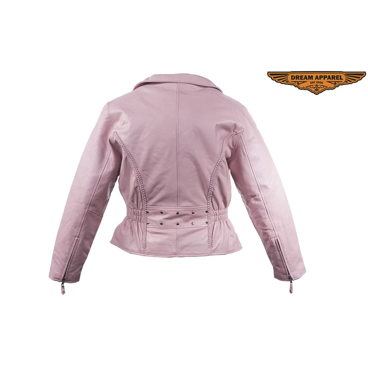 Womens Pink Top Grade Leather Motorcycle Jacket