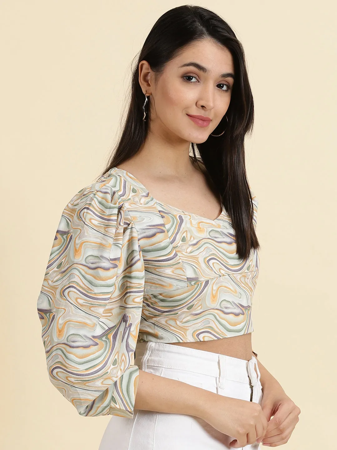 Women's Sea Green Printed Crop Top