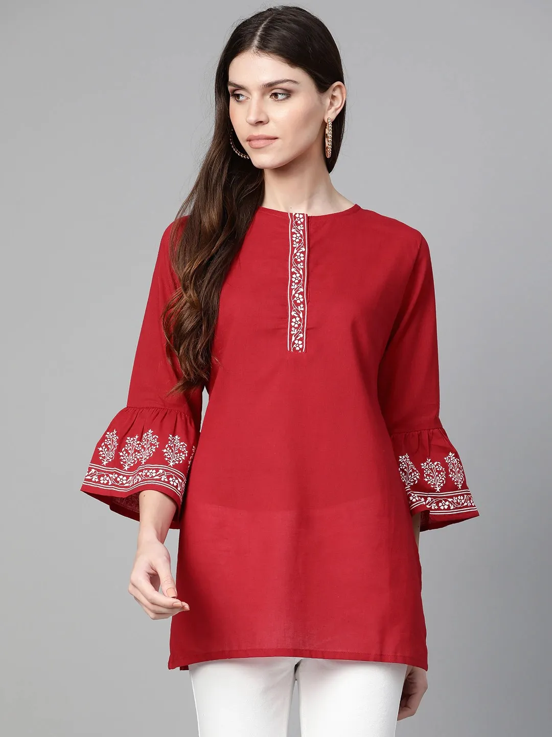 Women'S Straight Maroon Bell Sleeved Tunic