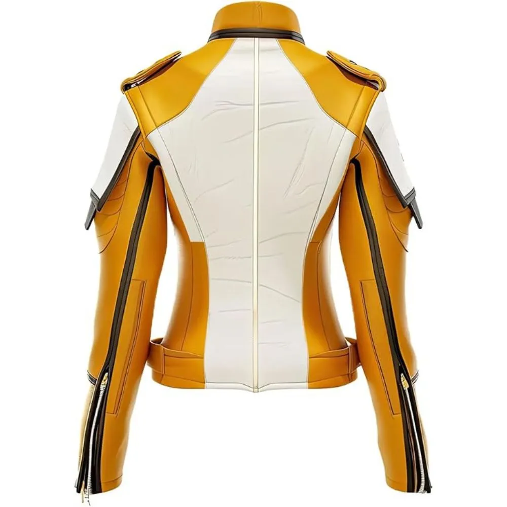 Women’s Yellow White Paneled Genuine Sheepskin Biker Leather Jacket