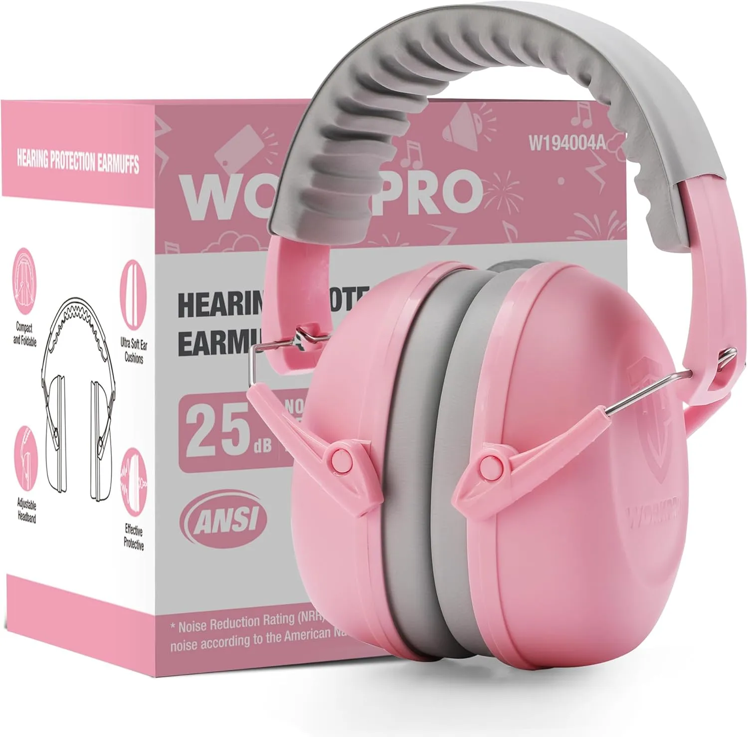 WORKPRO Safety Ear Muffs, NRR 25 dB, Noise Cancelling Headphones for Kids-Pink Ribbon